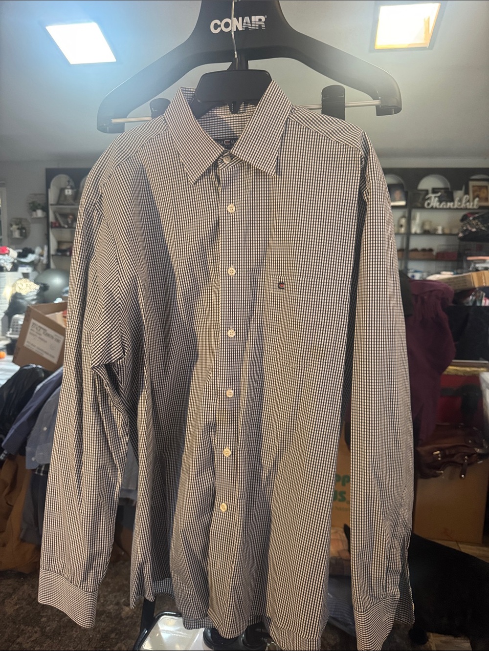 Men's Long-Sleeve Micro-Check Dress Shirt - Navy/White brand casa c moda